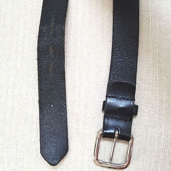 Black Leather Men's Belt Silver Buckle Size 44 - Picture 5 of 7